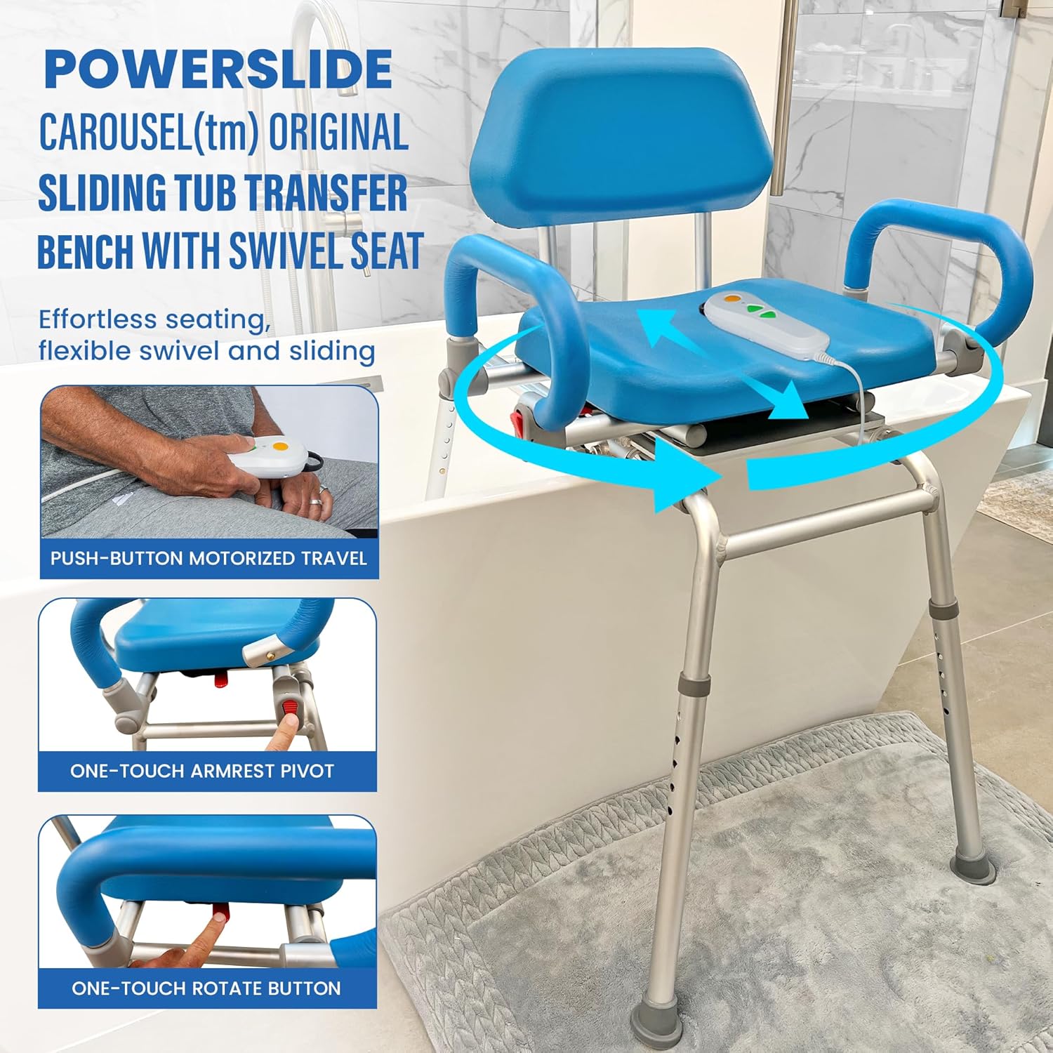 Carousel Sliding Shower Chair Transfer Bench with Swivel Seat, PowerSlide Capability, Push Button Powered Travel
