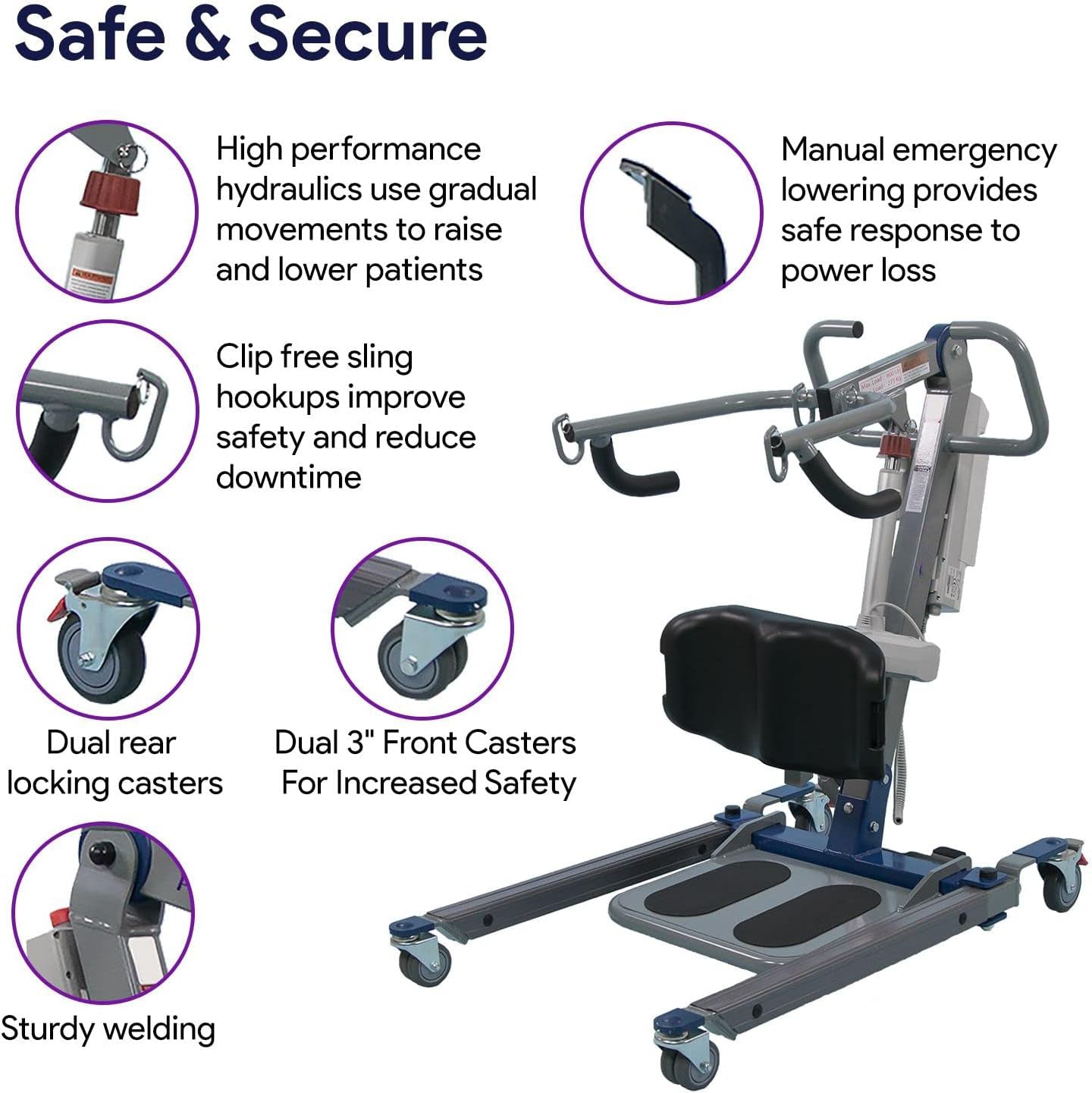 Sit to Stand Lift - Bariatric Full Body Patient Transfer Lifter for Home Use and Facilities - Long Lasting Battery, 600 Pound Weight Capacity, 4 Sling Hooks