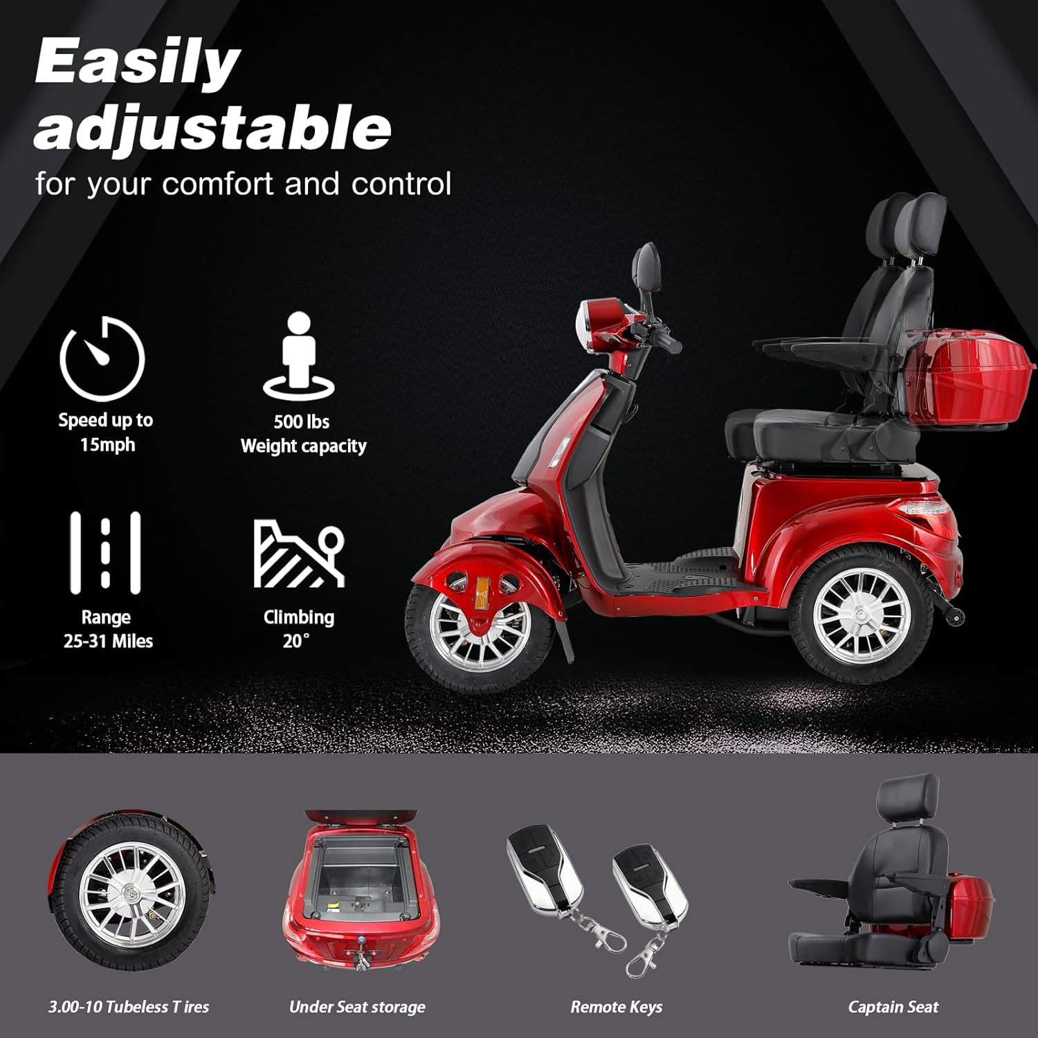 Heavy Duty 4 Wheel Mobility Scooters for Seniors & Adults 500lbs Capacity - Electric Powered Chair - 800W All Terrain Fast Mobility Scooter for Travel w/Long Range Battery Remote Key