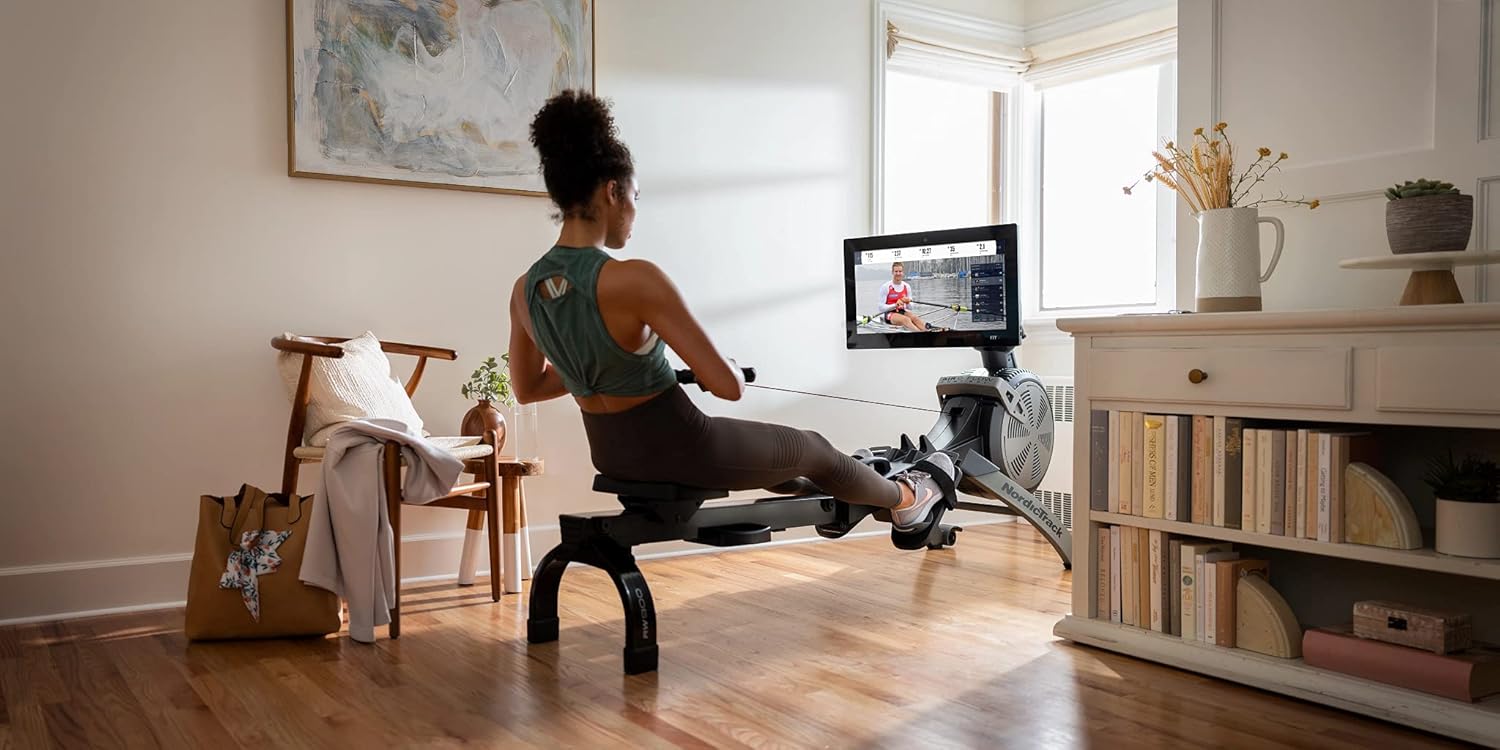 iFIT-Enabled Rower with Pivoting Touchscreen and SpaceSaver Design