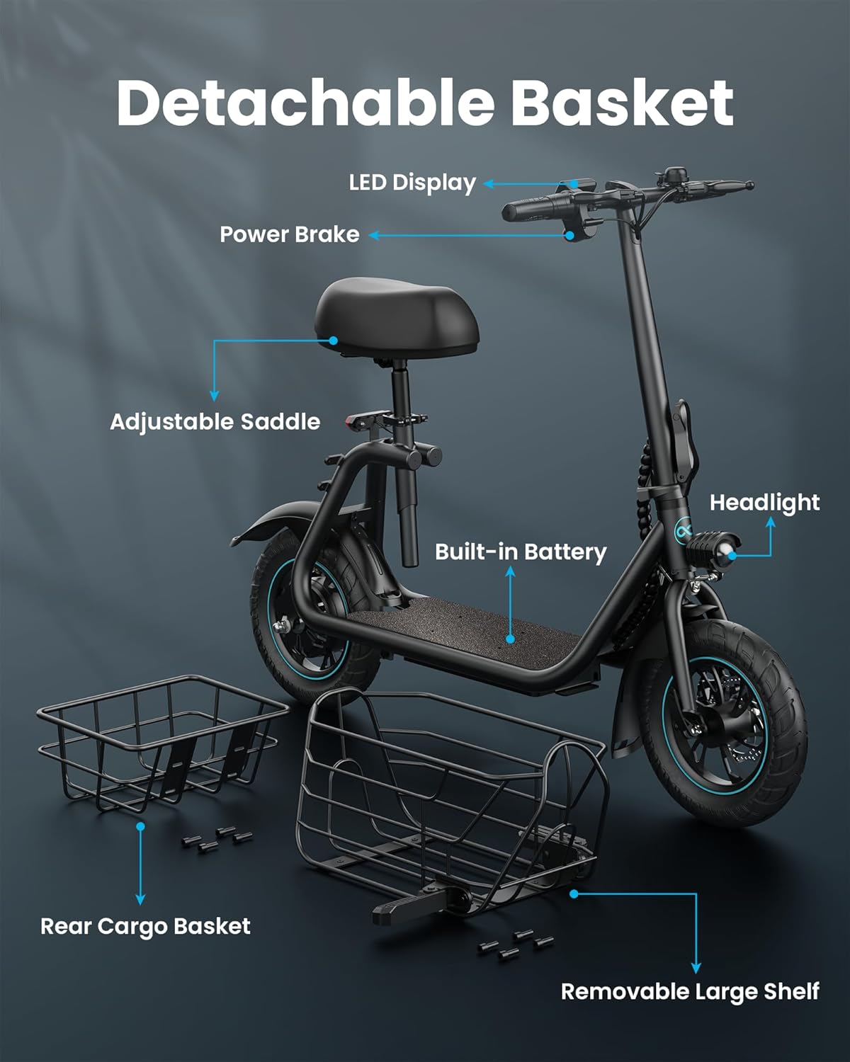 Electric Scooter with Large Middle Basket, 550W Motor 18.6 MPH 20 Mile Distance, Foldable E-Scooter with seat for Pets & Cargo