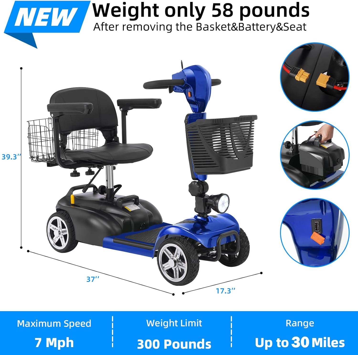 4 Wheels Mobility Scooter for Adults&Seniors Up to 300LBS, 350W Electric Powered Wheelchair Device with Extended Battery, Dual Baskets, Rotating Seat