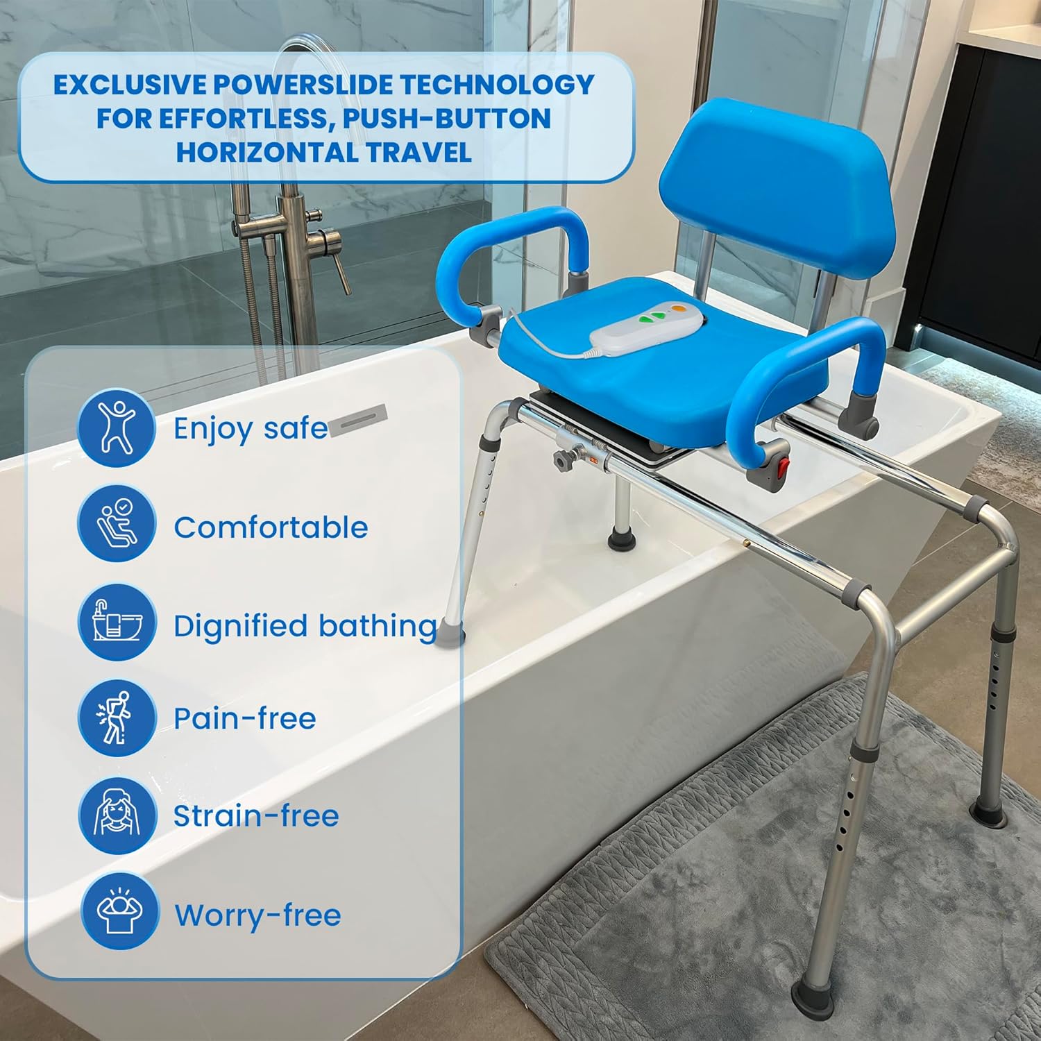 Carousel Sliding Shower Chair Transfer Bench with Swivel Seat, PowerSlide Capability, Push Button Powered Travel