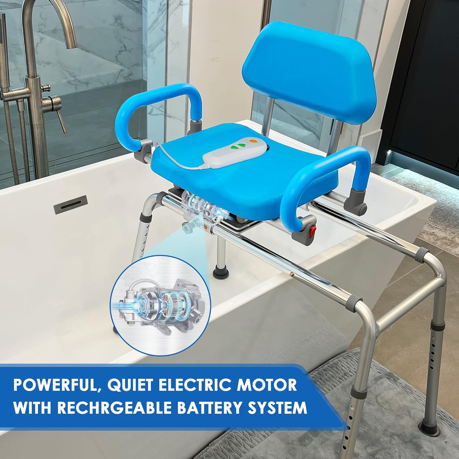 Carousel Sliding Shower Chair Transfer Bench with Swivel Seat, PowerSlide Capability, Push Button Powered Travel