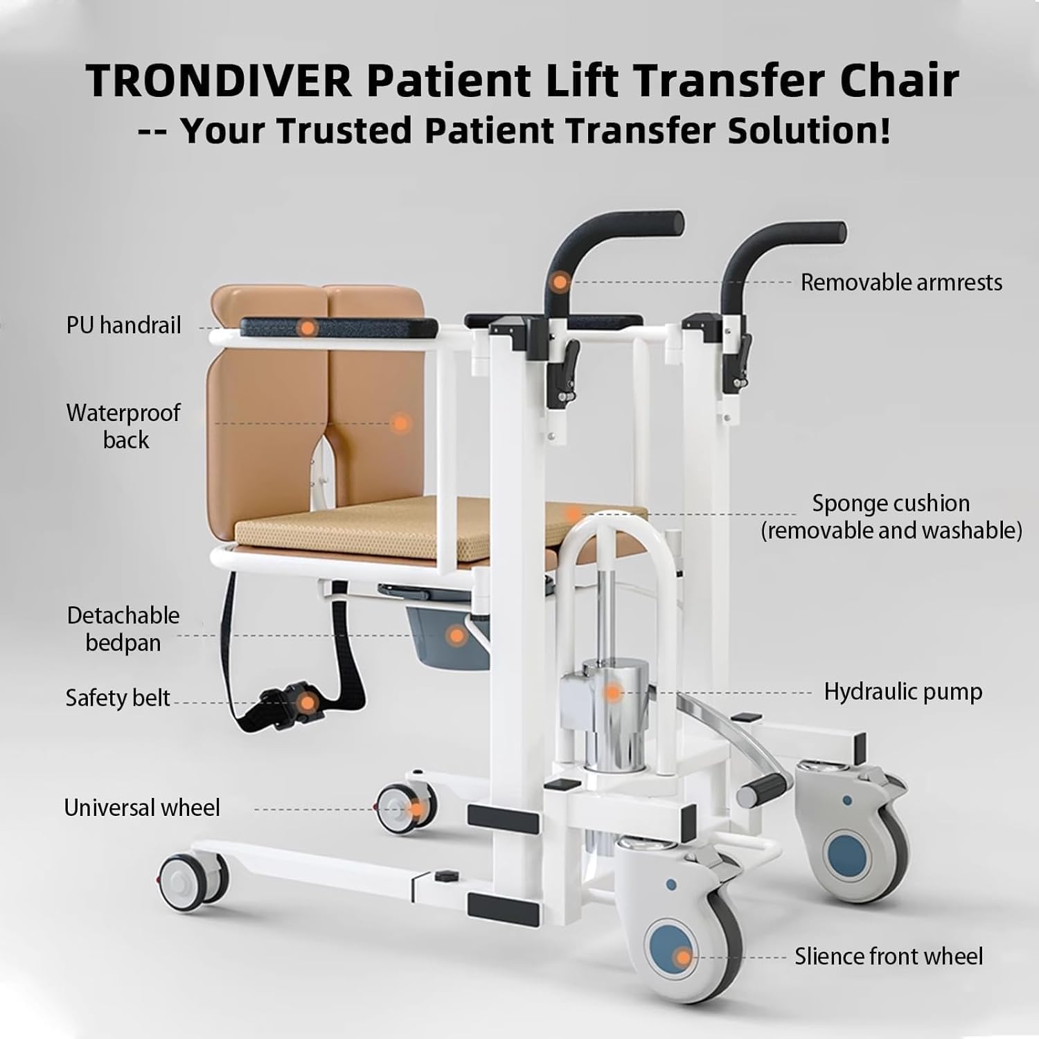 Hydraulic Patient Lift Transfer Chair for Home – 400 lb Capacity, 180° Split Seat & Commode Wheelchair for Seniors & Disabled, Easy to Use for Transfers from Beds, Toilets, Shower & Cars