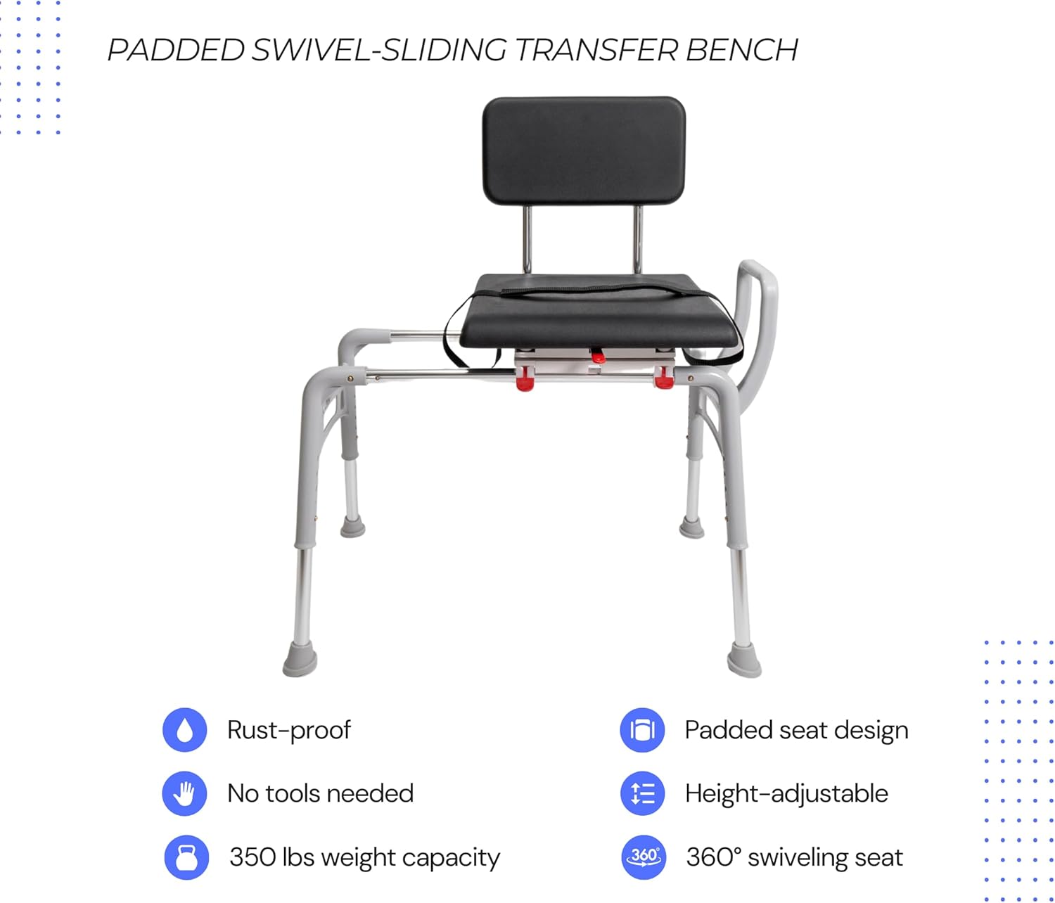 Padded Swivel Sliding Shower Chair & Transfer Bench, Height Adjustable, Heavy-Duty Capacity, for Safety Shower, for Elderly & Disabled