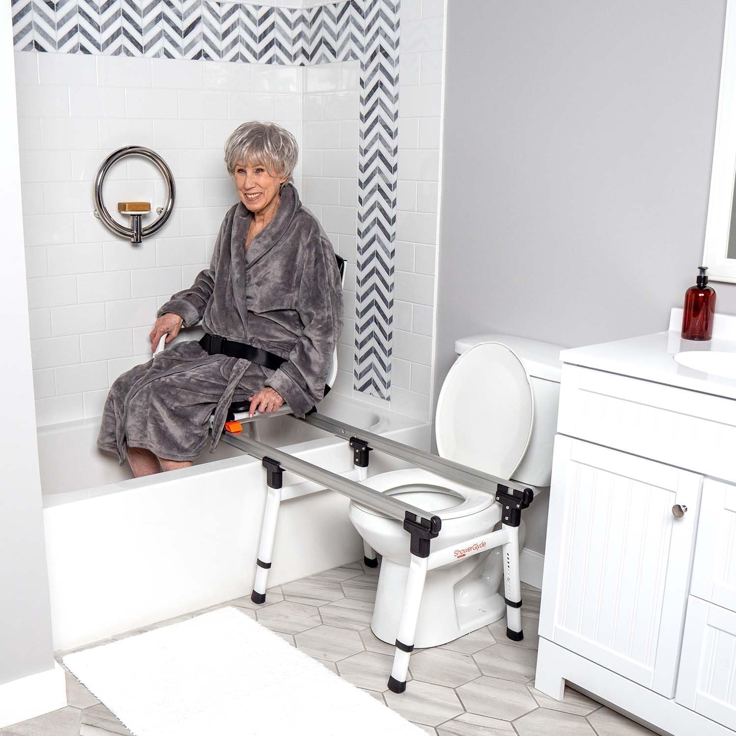 Sliding Transfer Bench for Toilet-Adjacent Tubs, Adjustable Height, Grab Bar, Extended Rails, Sliding Shower Chair with Commode Compatibility