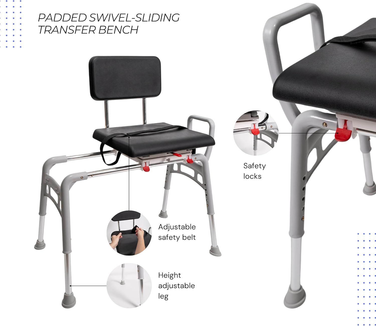Padded Swivel Sliding Shower Chair & Transfer Bench, Height Adjustable, Heavy-Duty Capacity, for Safety Shower, for Elderly & Disabled
