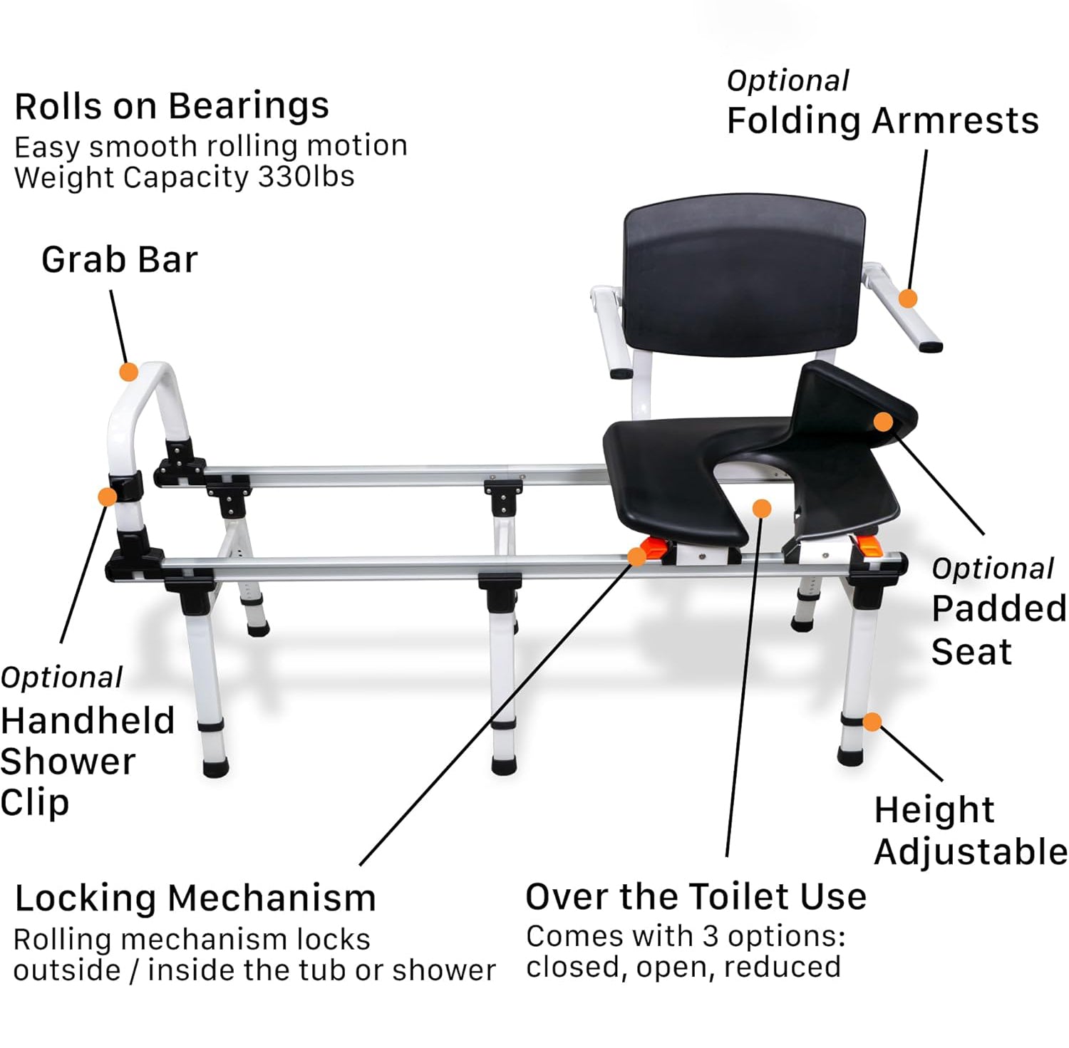 Sliding Transfer Bench for Toilet-Adjacent Tubs, Adjustable Height, Grab Bar, Extended Rails, Sliding Shower Chair with Commode Compatibility