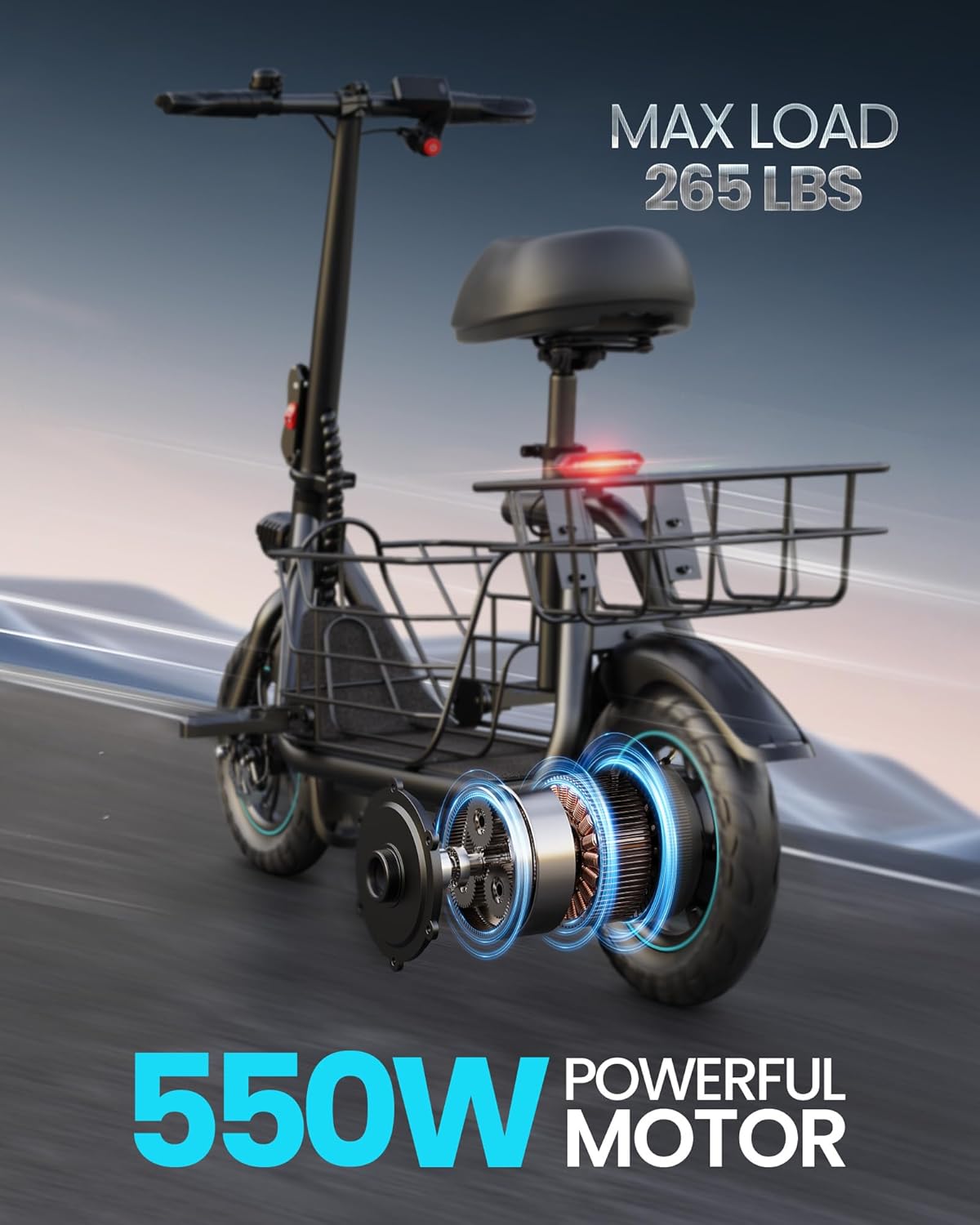 Electric Scooter with Large Middle Basket, 550W Motor 18.6 MPH 20 Mile Distance, Foldable E-Scooter with seat for Pets & Cargo