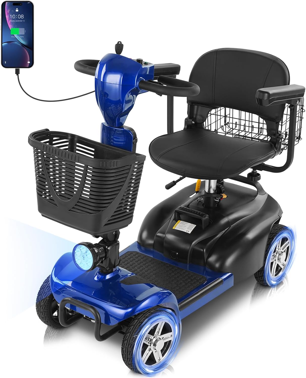 4 Wheels Mobility Scooter for Adults&Seniors Up to 300LBS, 350W Electric Powered Wheelchair Device with Extended Battery, Dual Baskets, Rotating Seat