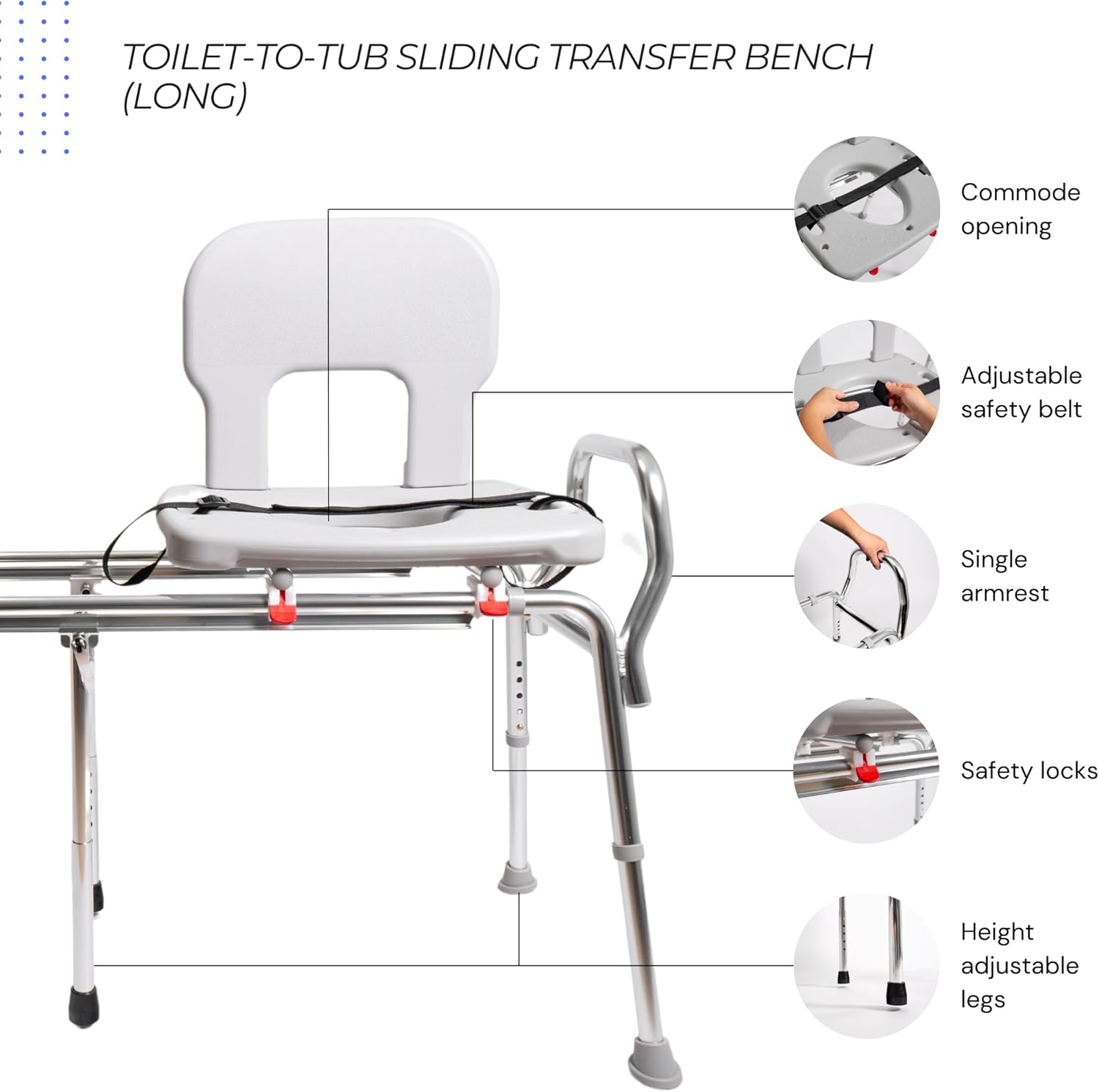 Toilet-to-Tub Sliding Transfer Bench with Cut Out, Height Adjustable, Heavy-Duty Capacity, for Safety Shower, for Elderly & Disabled