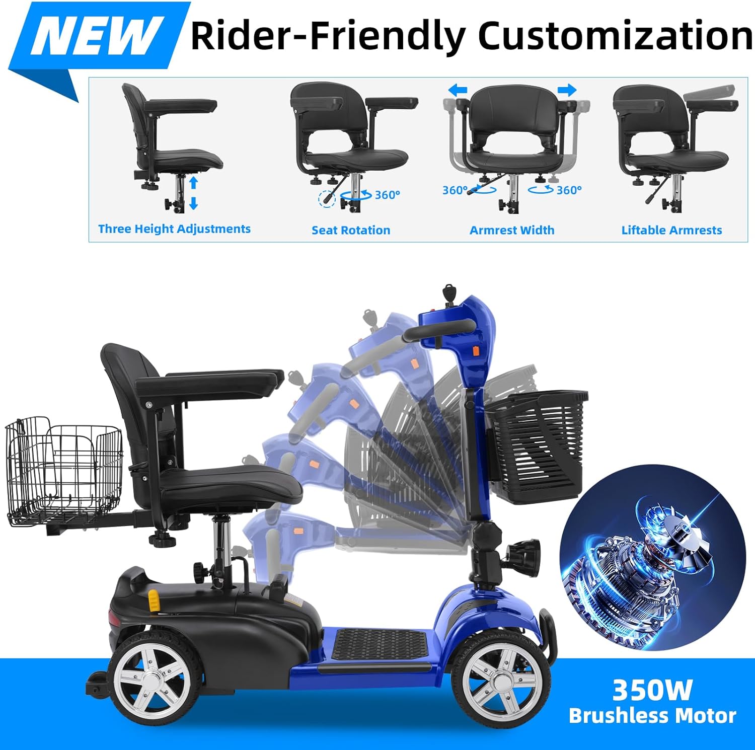 4 Wheels Mobility Scooter for Adults&Seniors Up to 300LBS, 350W Electric Powered Wheelchair Device with Extended Battery, Dual Baskets, Rotating Seat