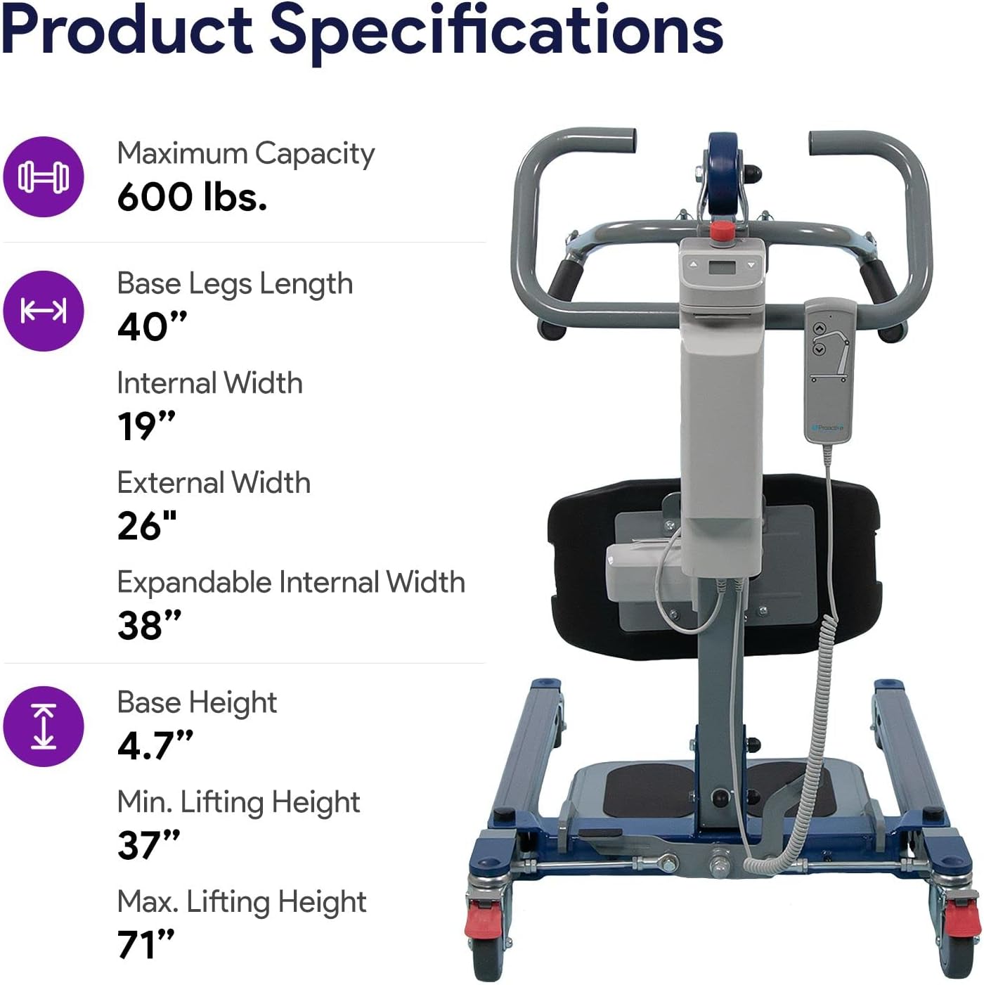 Sit to Stand Lift - Bariatric Full Body Patient Transfer Lifter for Home Use and Facilities - Long Lasting Battery, 600 Pound Weight Capacity, 4 Sling Hooks