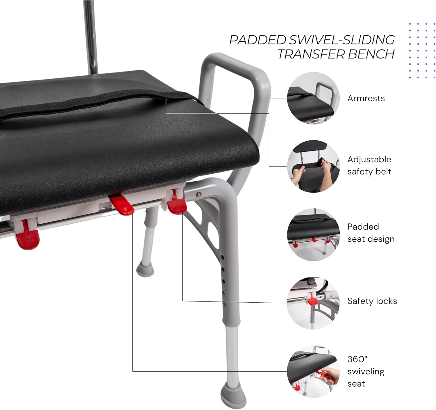 Padded Swivel Sliding Shower Chair & Transfer Bench, Height Adjustable, Heavy-Duty Capacity, for Safety Shower, for Elderly & Disabled