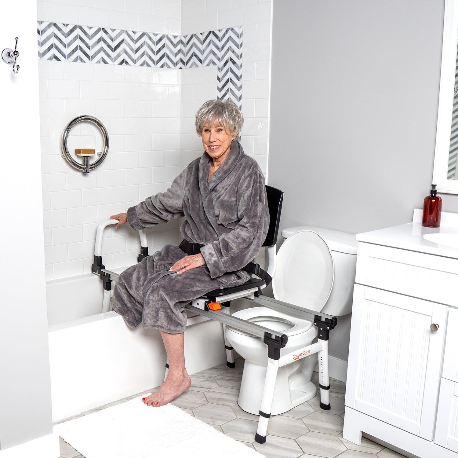 Sliding Transfer Bench for Toilet-Adjacent Tubs, Adjustable Height, Grab Bar, Extended Rails, Sliding Shower Chair with Commode Compatibility