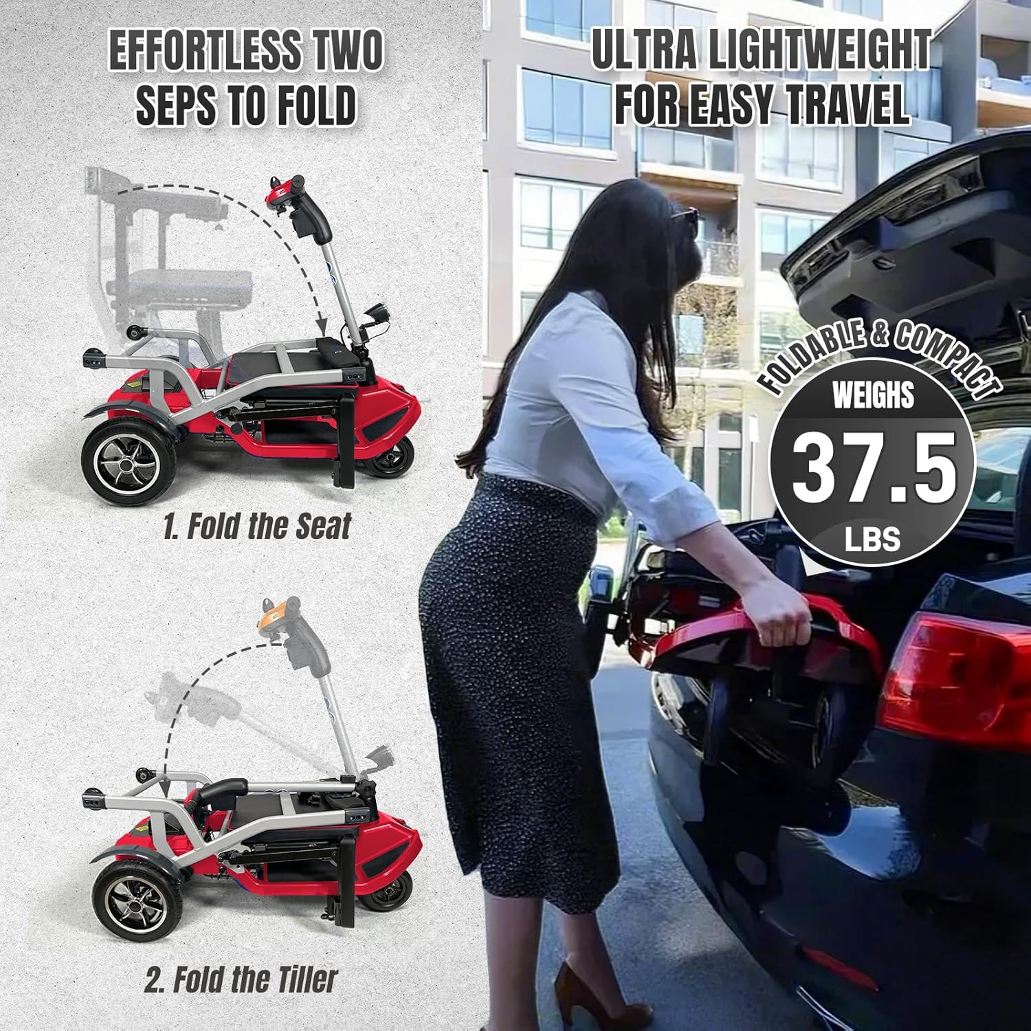 R3b-Mobility Scooters for Seniors Adults Ultra Lightweight Electric Powered Folding 4 Wheel Mobility Scooter with Headlight Cup Holder, Compact & Convenient for Travel Airline Approved, Red