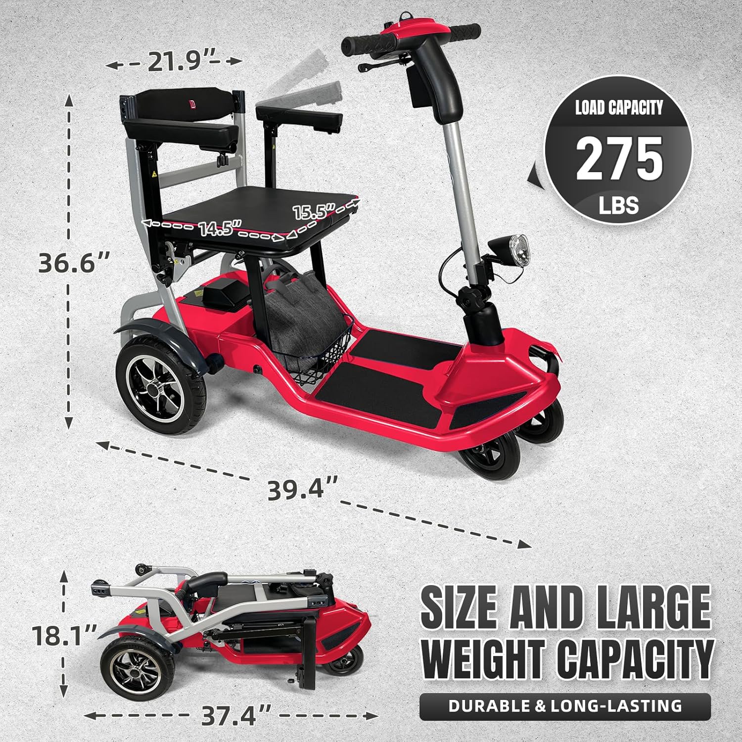 R3b-Mobility Scooters for Seniors Adults Ultra Lightweight Electric Powered Folding 4 Wheel Mobility Scooter with Headlight Cup Holder, Compact & Convenient for Travel Airline Approved, Red