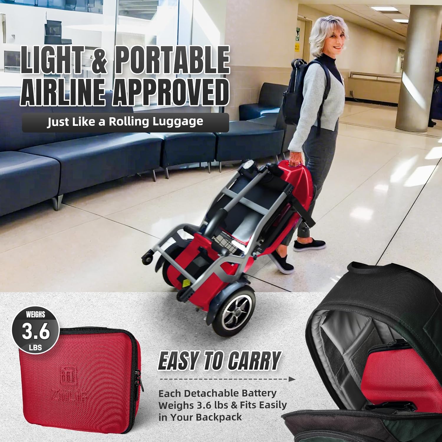 R3b-Mobility Scooters for Seniors Adults Ultra Lightweight Electric Powered Folding 4 Wheel Mobility Scooter with Headlight Cup Holder, Compact & Convenient for Travel Airline Approved, Red