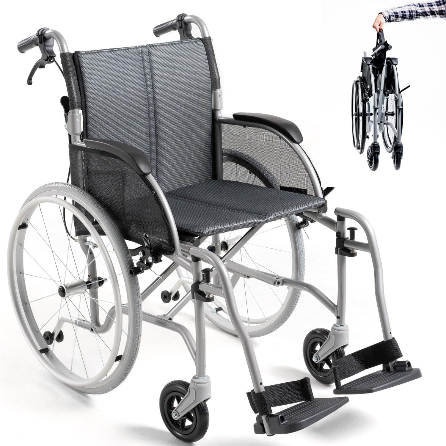 Gray Lightweight Folding Wheelchair 13.5 lbs - with Swingaway Legrests, Anti-tippers, and Quick Release Wheels - 250 lb Capacity