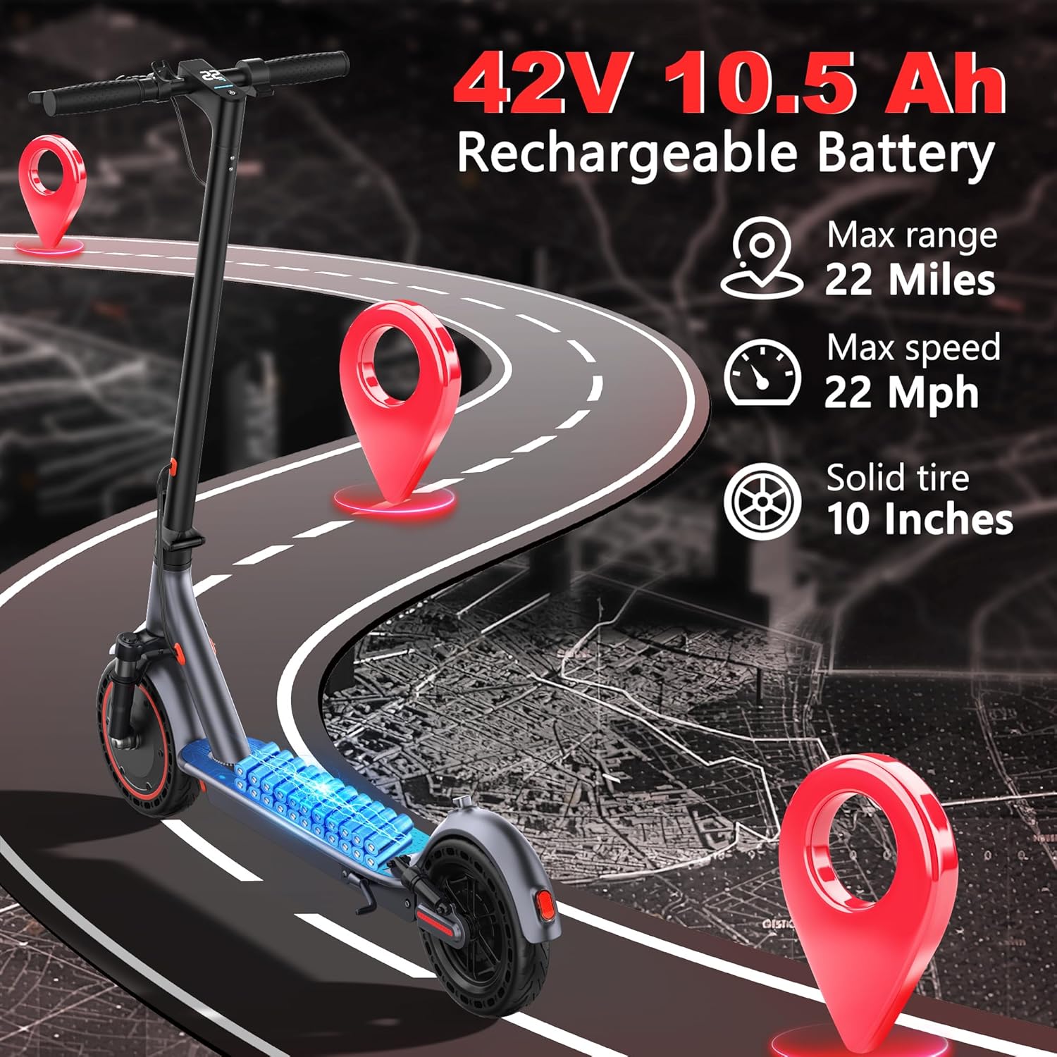 Electric Scooter, 10Inch Solid Tires-10.5Ah Folding Escooter for Adults and Teens with Dual Braking,Dual Suspension, App