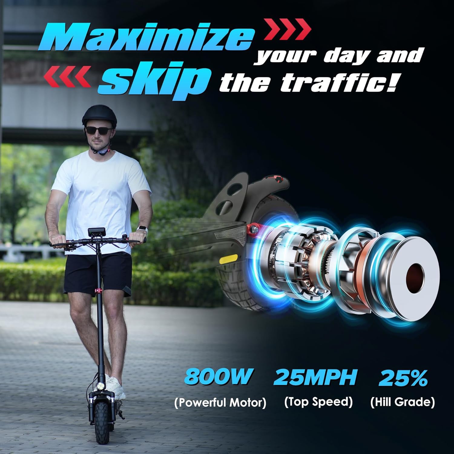 Electric Scooter, 10" Tires, 800W Motor E-Scooter Up to 25/28 Miles Range, Top Speed 24/28 MPH