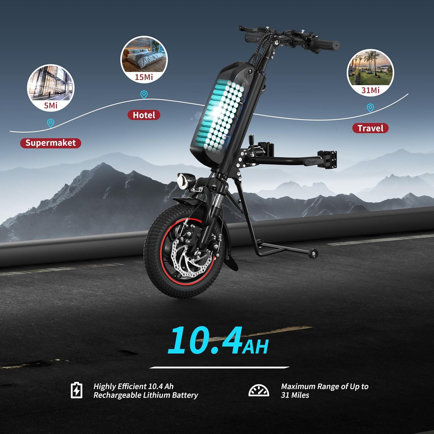 Electric Handcycle Wheelchair Attachment for Upgrading Manual Wheelchair to Electric Wheelchair, 31 Miles Travel Range, 36V 500W, Suitable for 0.87-1.3 inch Tube Diameter, Side Connection, Black, Size: 10.4 Ah