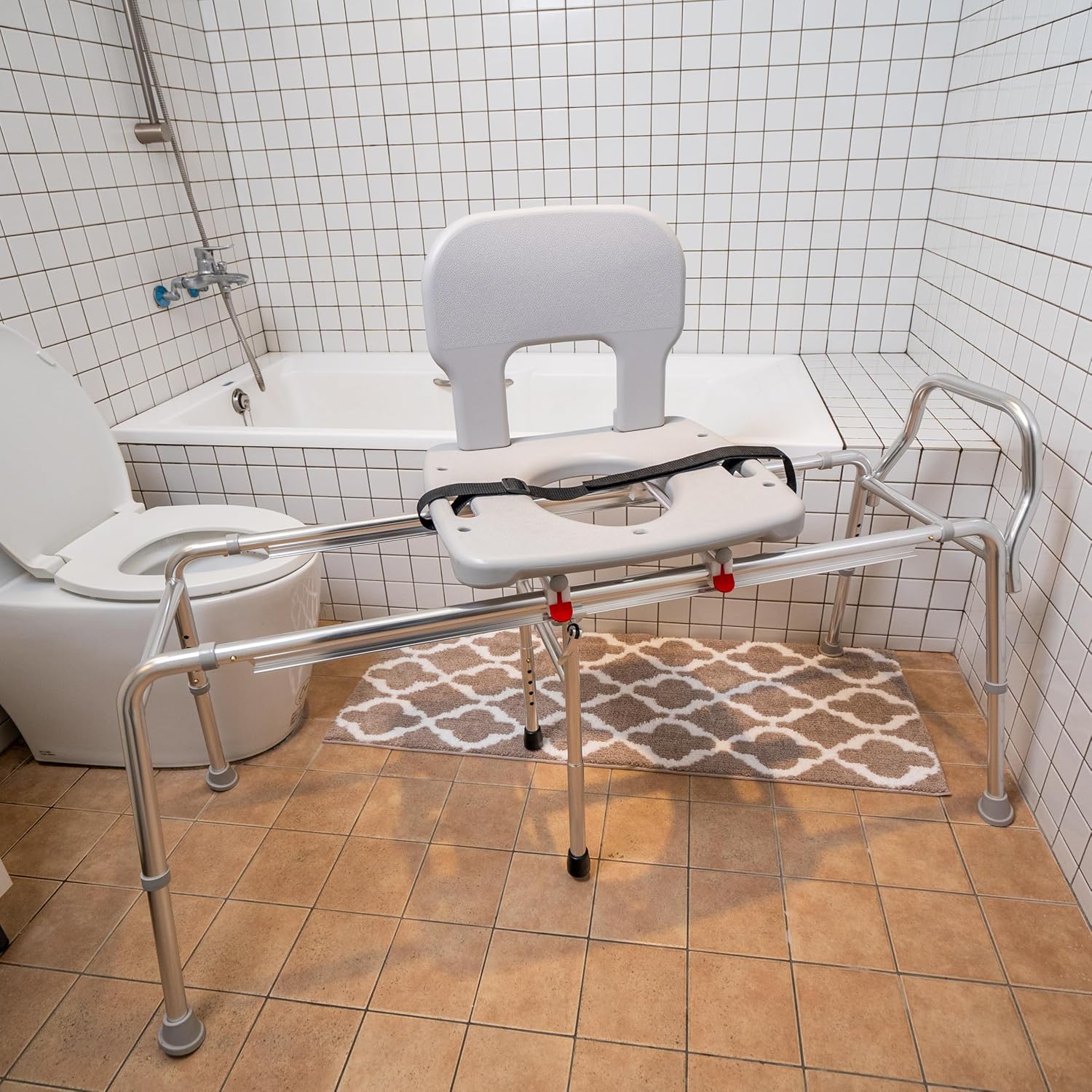 Toilet-to-Tub Sliding Transfer Bench with Cut Out, Height Adjustable, Heavy-Duty Capacity, for Safety Shower, for Elderly & Disabled