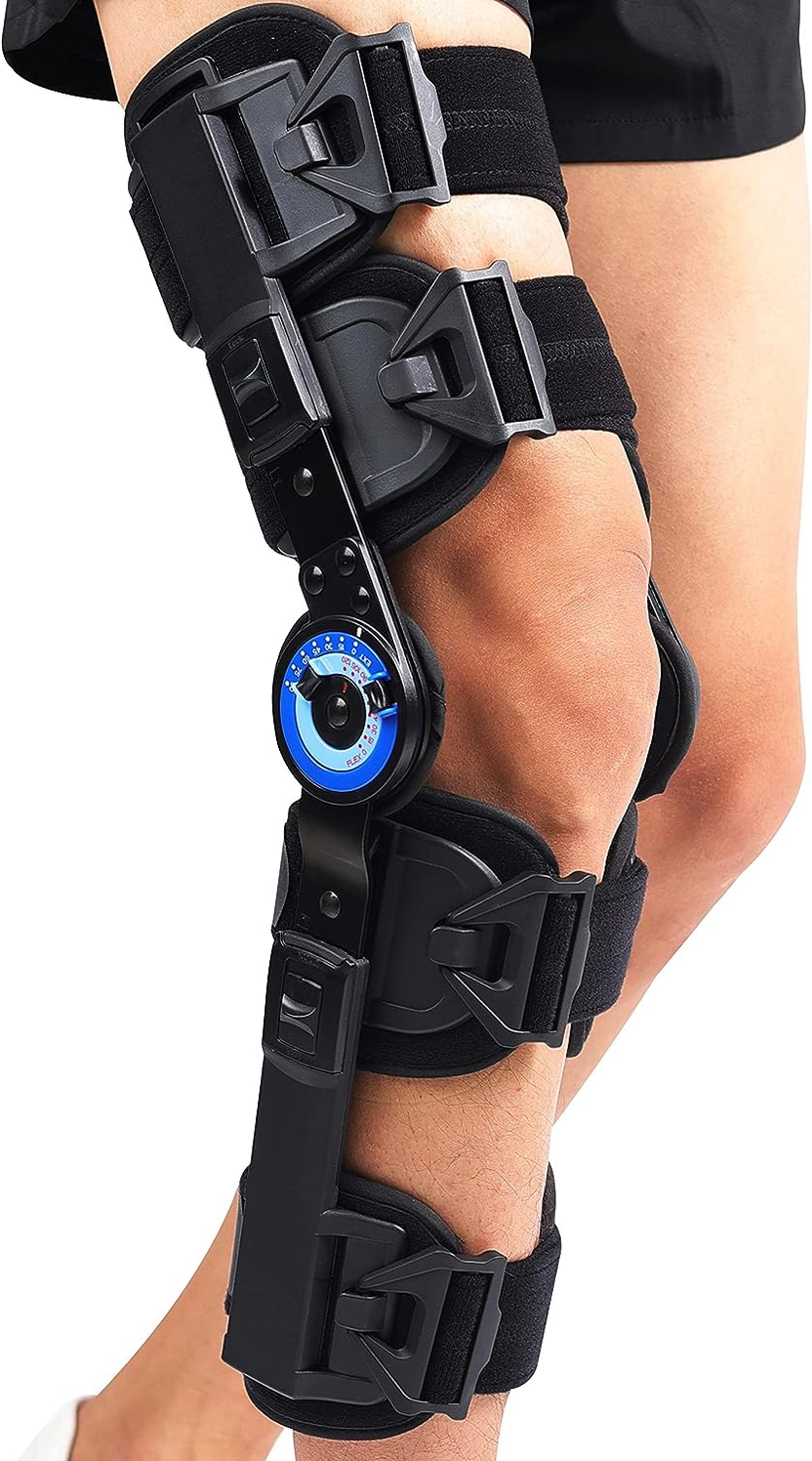 Hinged ROM Knee Brace, Post Op Knee Brace for Recovery Stabilization, ACL, MCL and PCL Injury, Adjustable Medical Orthopedic Support Stabilizer After Surgery
